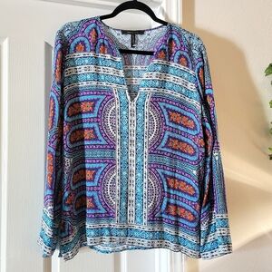 BCBGMAXAZRIA Haida Long Sleeve Printed Top Blouse Dress Shirt Mosaic Large Blue